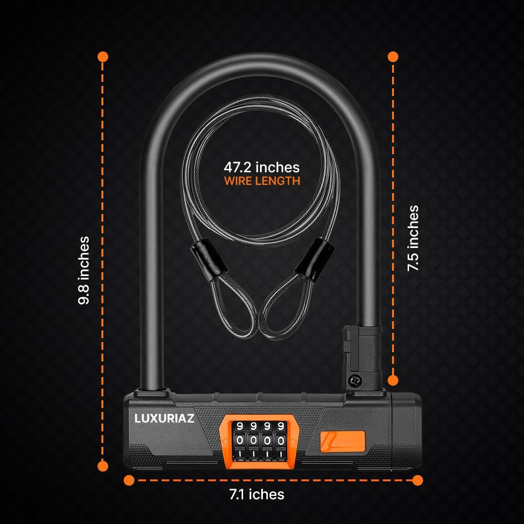 Heavy Duty Bike Lock with 5ft Steel Cable & Mounting Bracket - Keyless U-Lock - Image 2