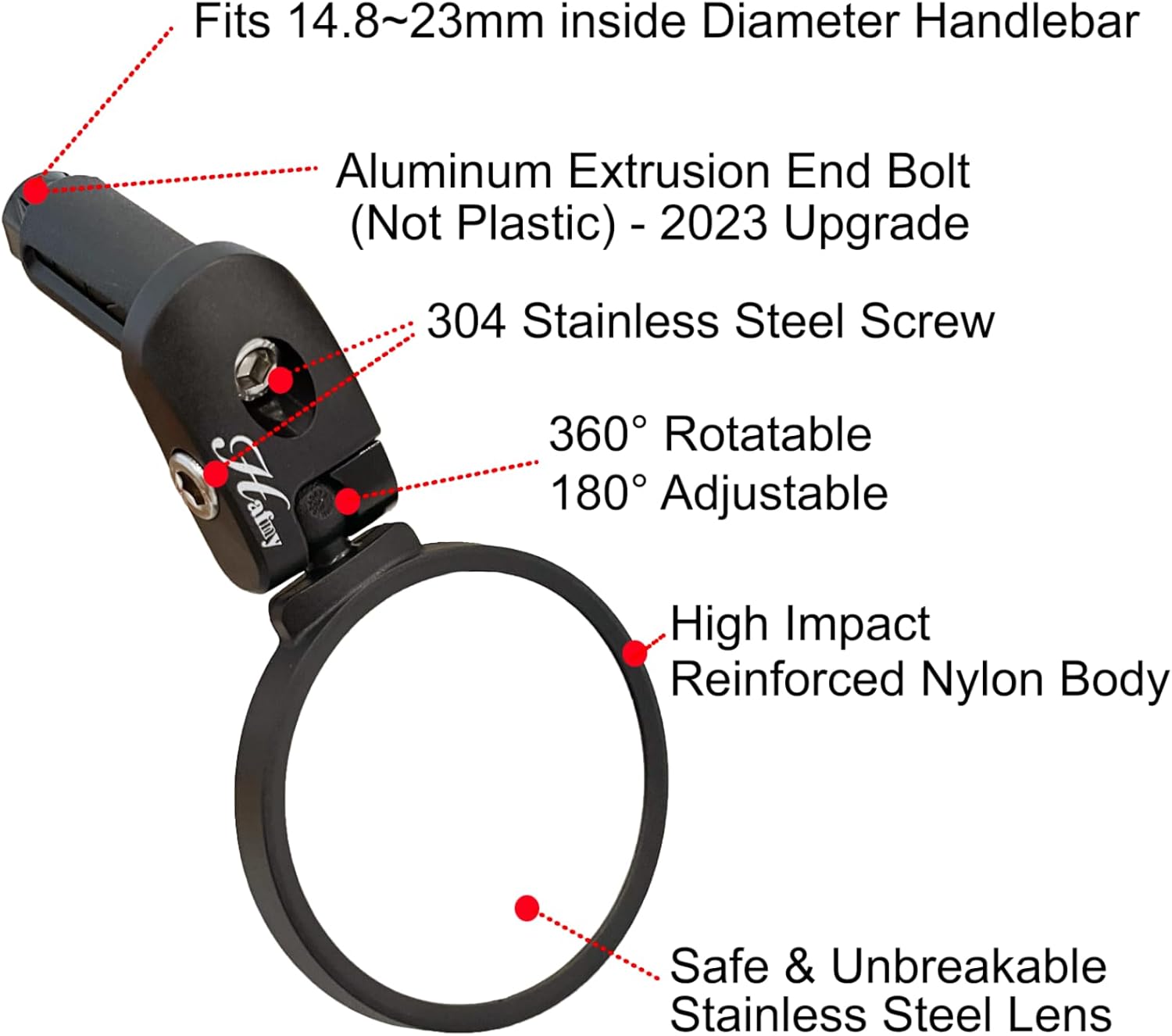 Hafny Bar End Bike Mirror, Stainless Steel Lens, Safe Rearview Mirror, HF-MR083 - Image 2