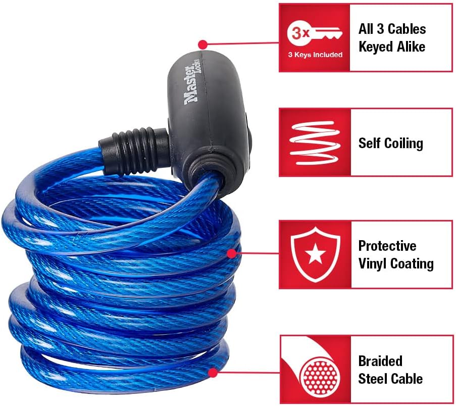 Master Lock 8127TRI Bike Lock/Cable, Blue, Green and Red, 3-Pack - Image 2