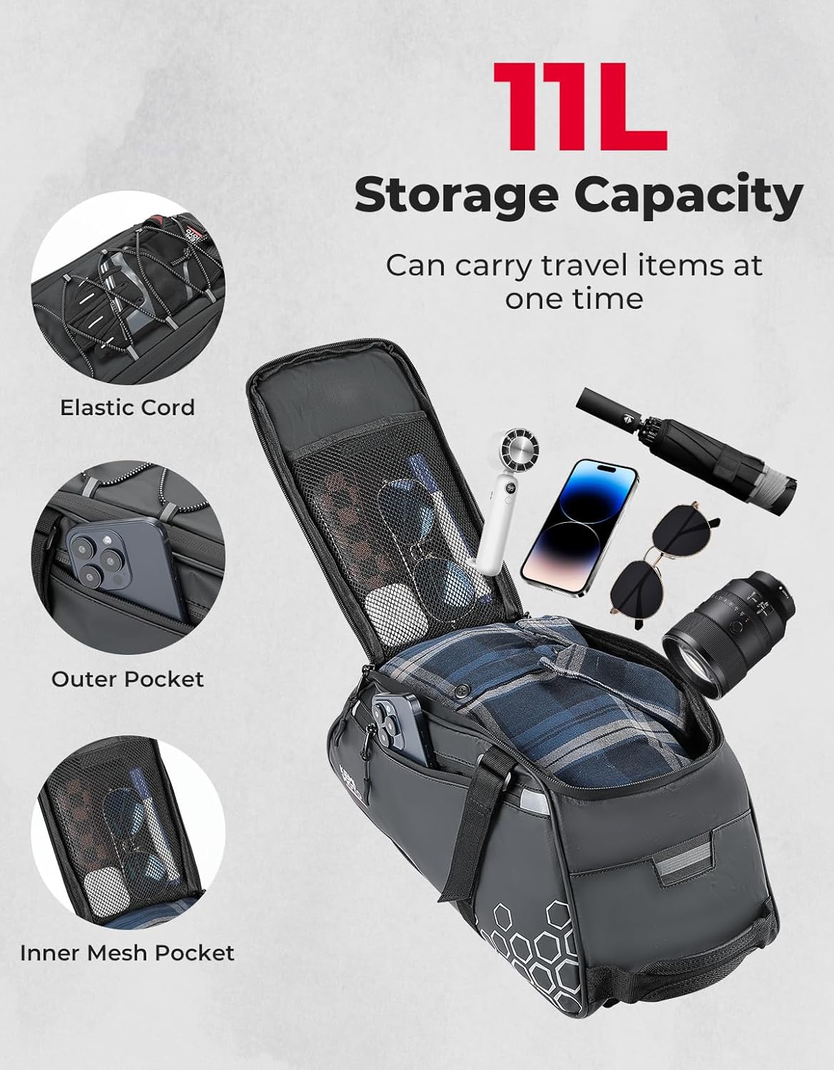 KEMIMOTO Rear Bike Rack Bag, 11L Water-resistant Trunk Bag 3-IN-1, Zippered - Image 2