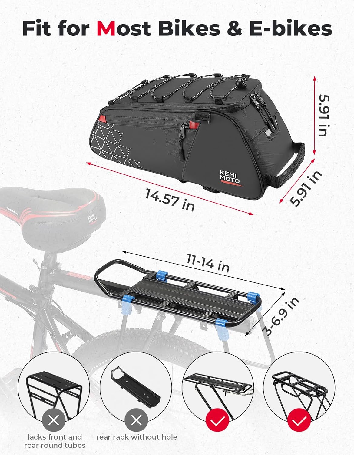 KEMIMOTO Rear Bike Rack Bag - 8L PVC Water Resistant Ebike Bags for Bicycle Rear - Image 5