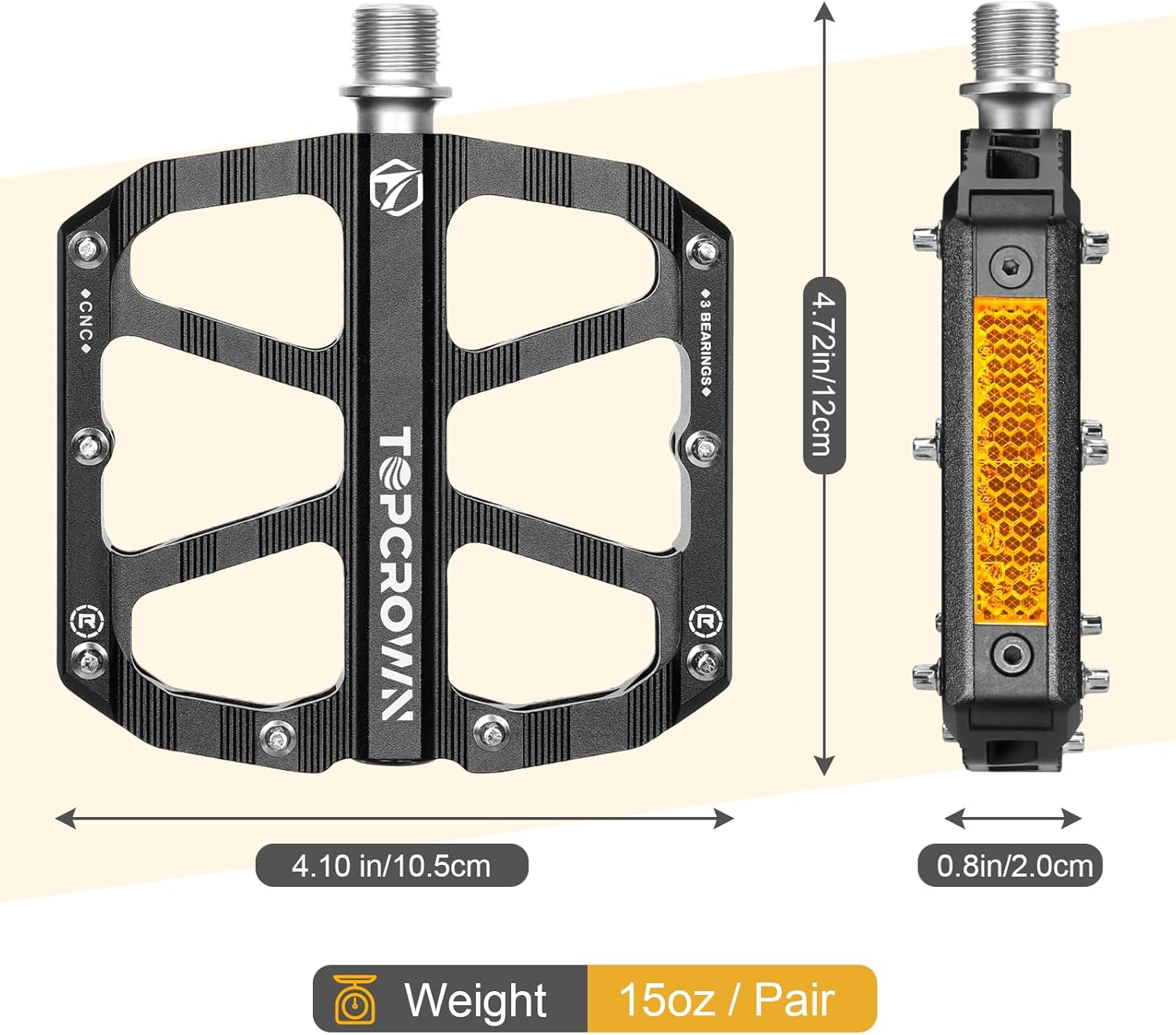 Topcrown Mountain Bike Pedals with Reflectors, Aluminum Metal Bicycle Flat - Image 4