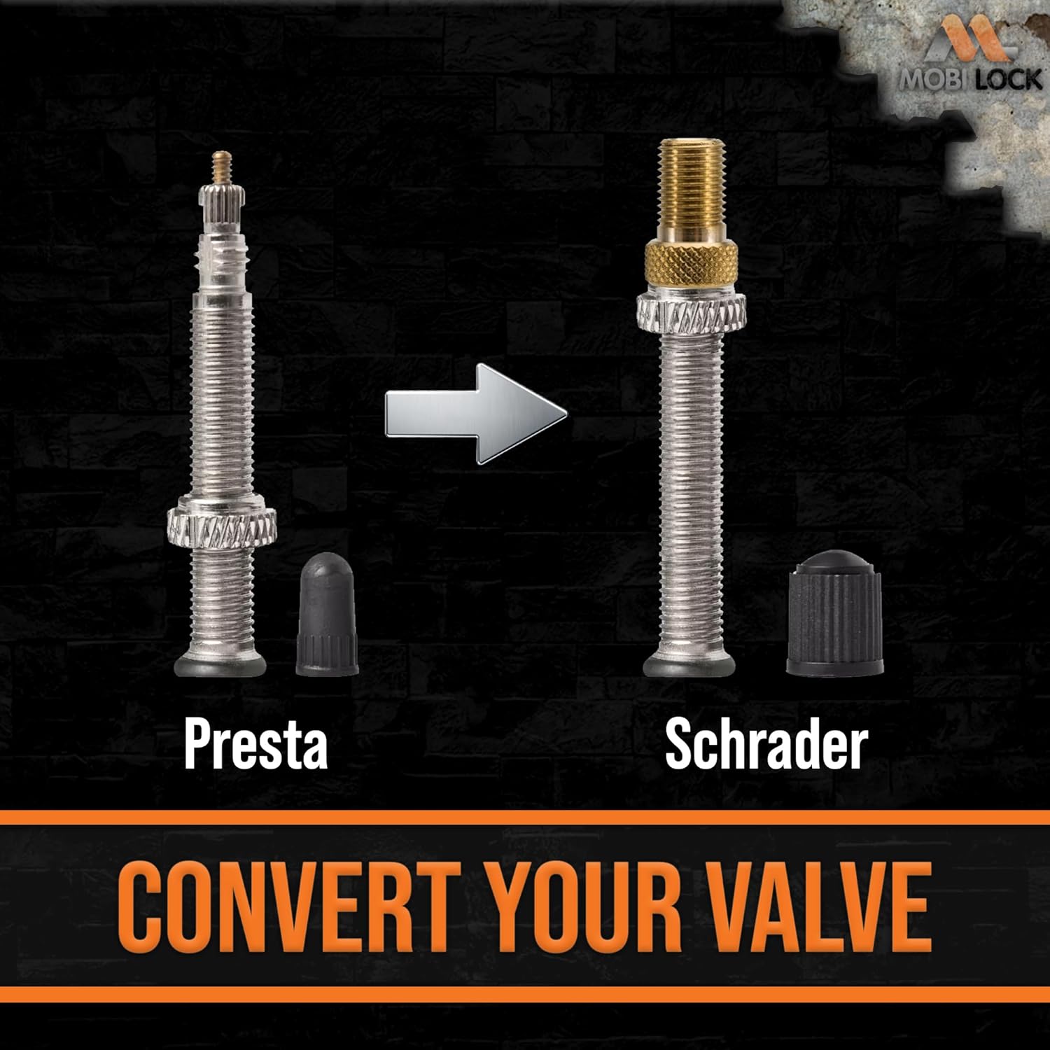 Brass Presta Valve Adaptor (Pack of 5 + 10 Caps) - Convert Presta to Schrader - Image 2