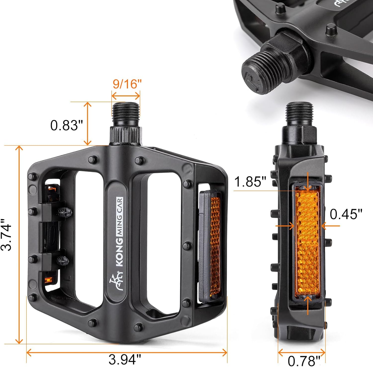 Mountain Bike Pedals 9/16 Inch - Bicycle Flat Pedals with Reflectors - Image 6