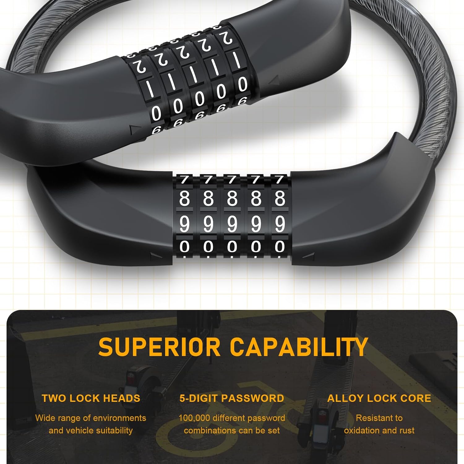 Scooter Lock, Cadenas Trotinette, Bike Lock, Cable Lock with 5-Digit Combination - Image 3