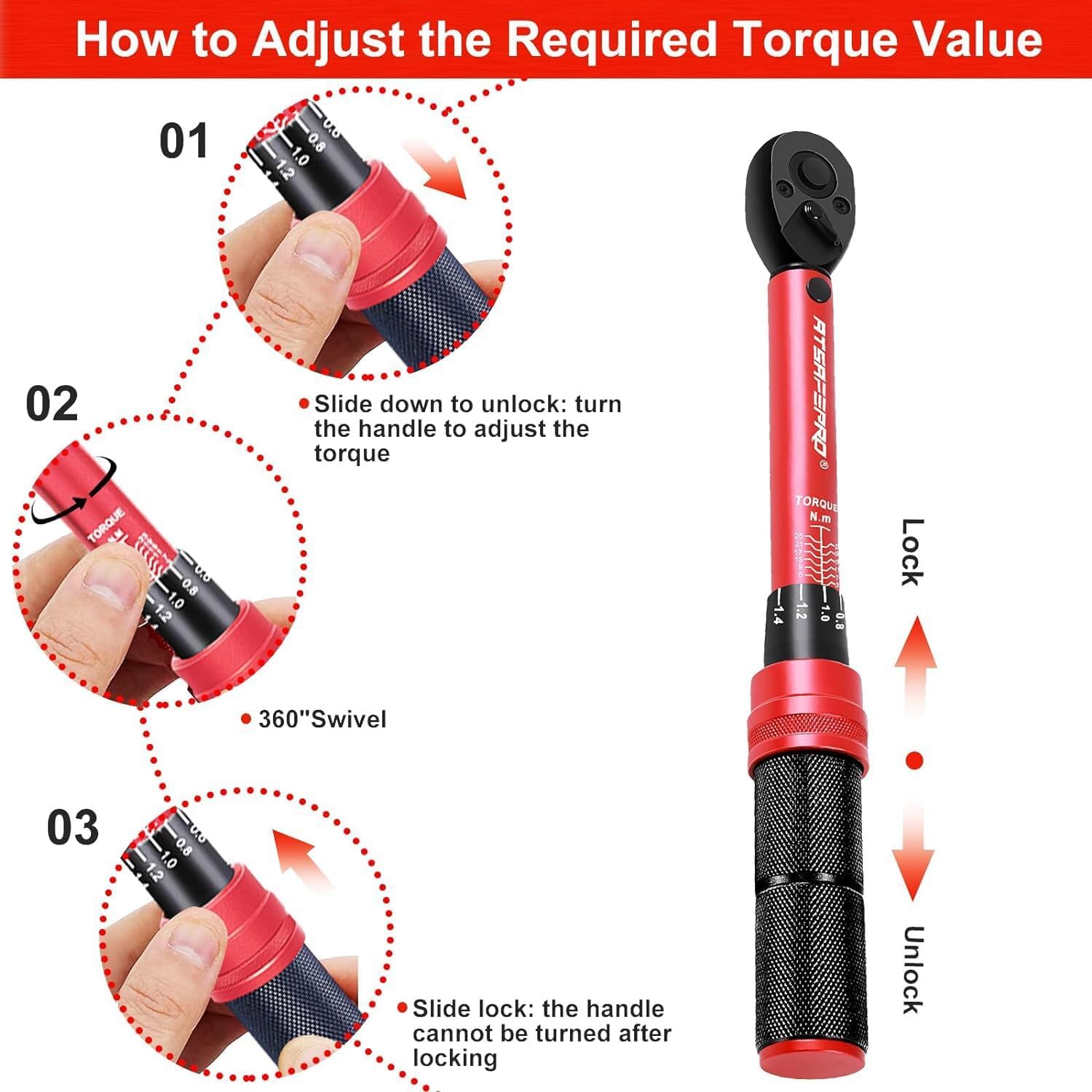 ATsafepro 1/4 Inch Drive Click Torque Wrench,3-25 Nm/26.6-221.3 in.lb Small Bike - Image 2