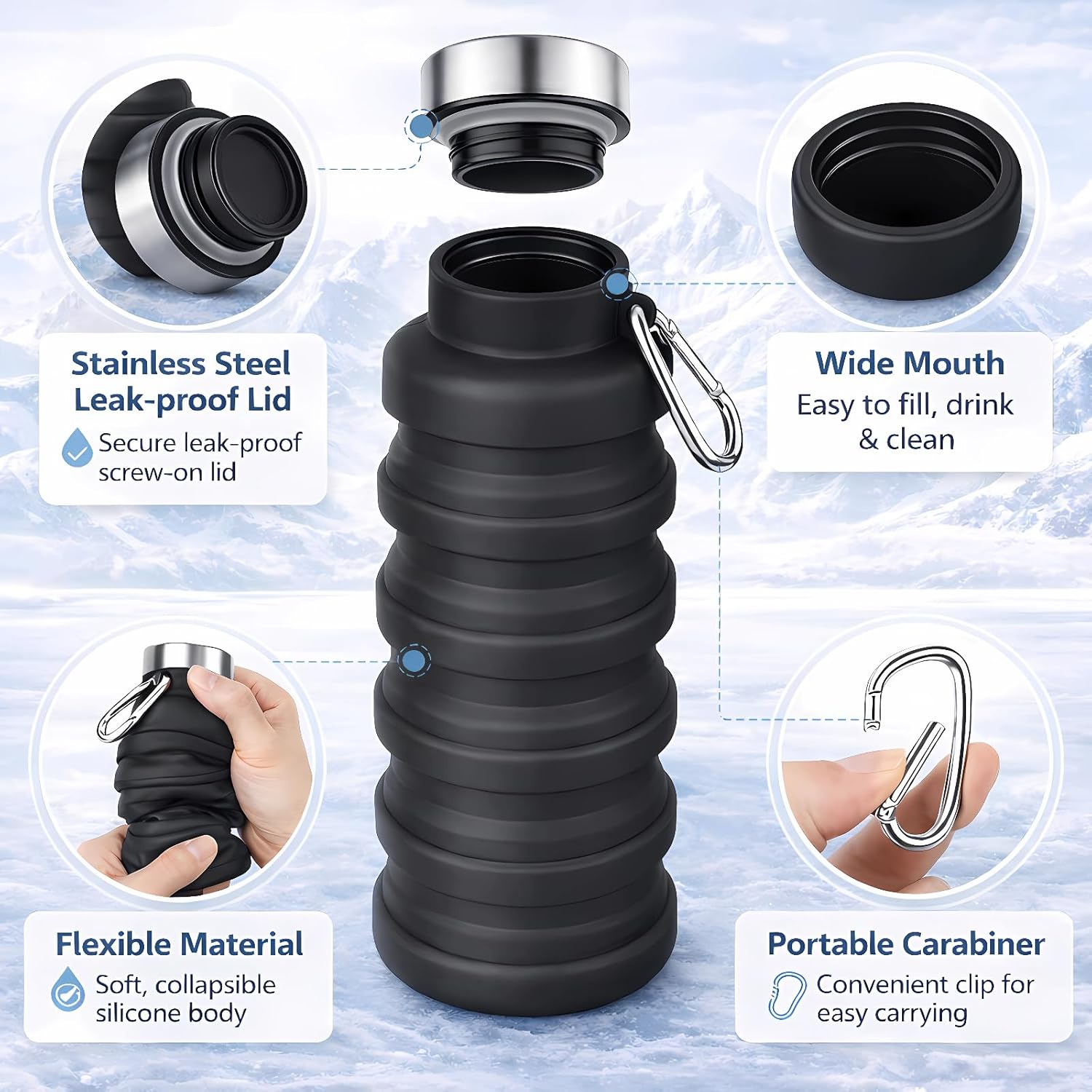 Collapsible Water Bottles,16oz Capacity Portable Reusable Silicone Water - Image 4