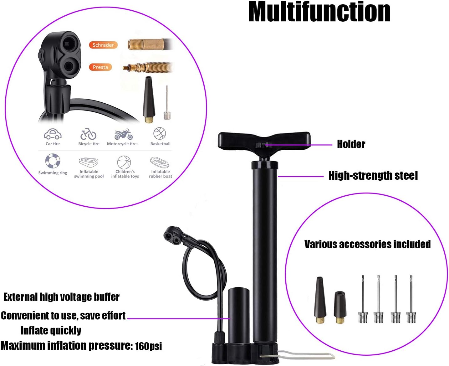 Bike Floor Pump, Bicycle Pump with Dual Presta & Schrader Valve Head - Image 3