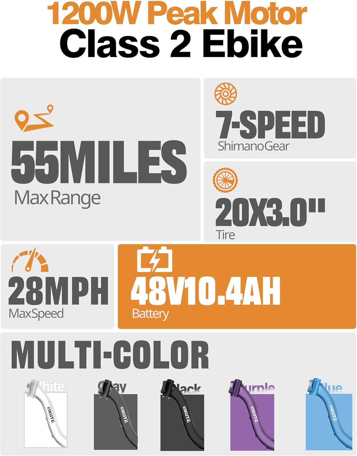 ESKUTE Electric Bike for Adults – 1200W Peak Motor, Folding 20x3 Fat Tire - Image 3