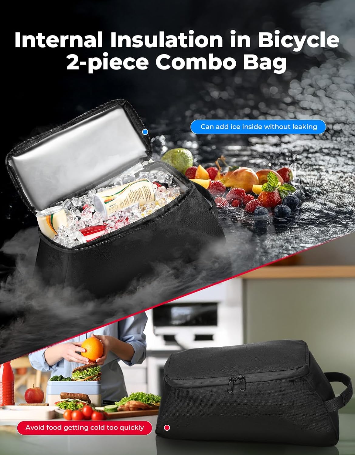 KEMIMOTO 8L Bike Bag with 6L Removable Cooler Bag, Bike Rear Rack Bag PVC Water - Image 2