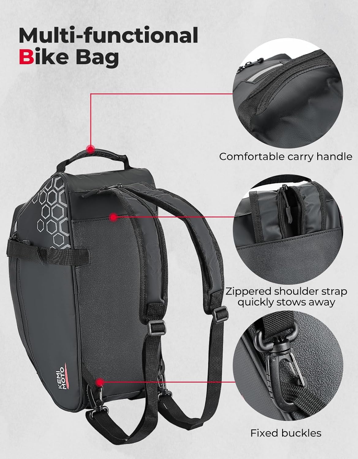 KEMIMOTO Rear Bike Rack Bag, 11L Water-resistant Trunk Bag 3-IN-1, Zippered - Image 6