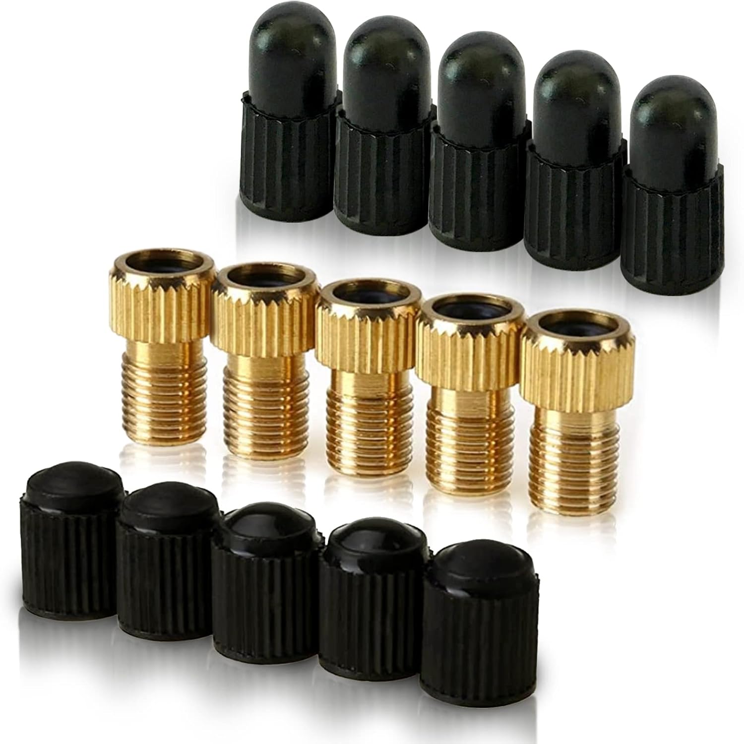 Brass Presta Valve Adaptor (Pack of 5 + 10 Caps) - Convert Presta to Schrader