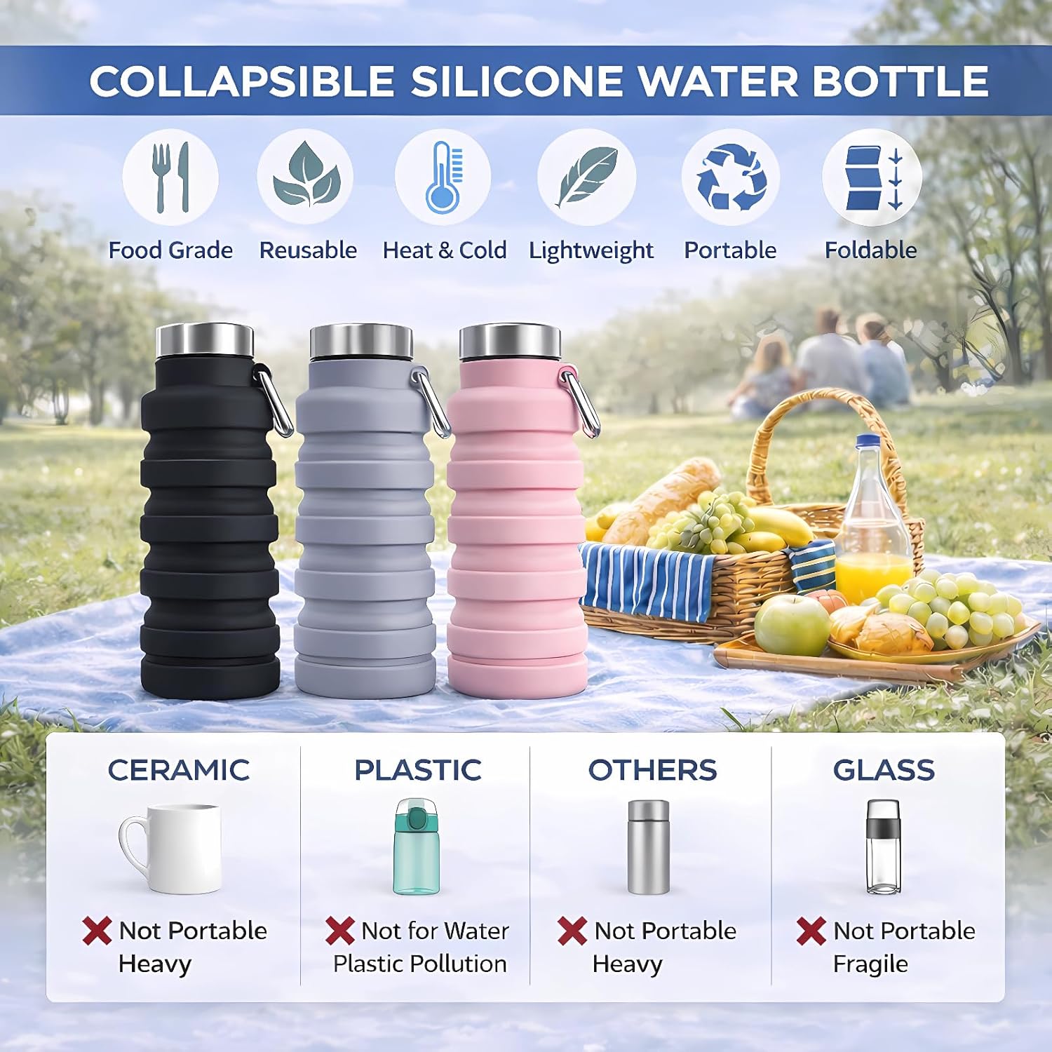 Collapsible Water Bottles,16oz Capacity Portable Reusable Silicone Water - Image 3