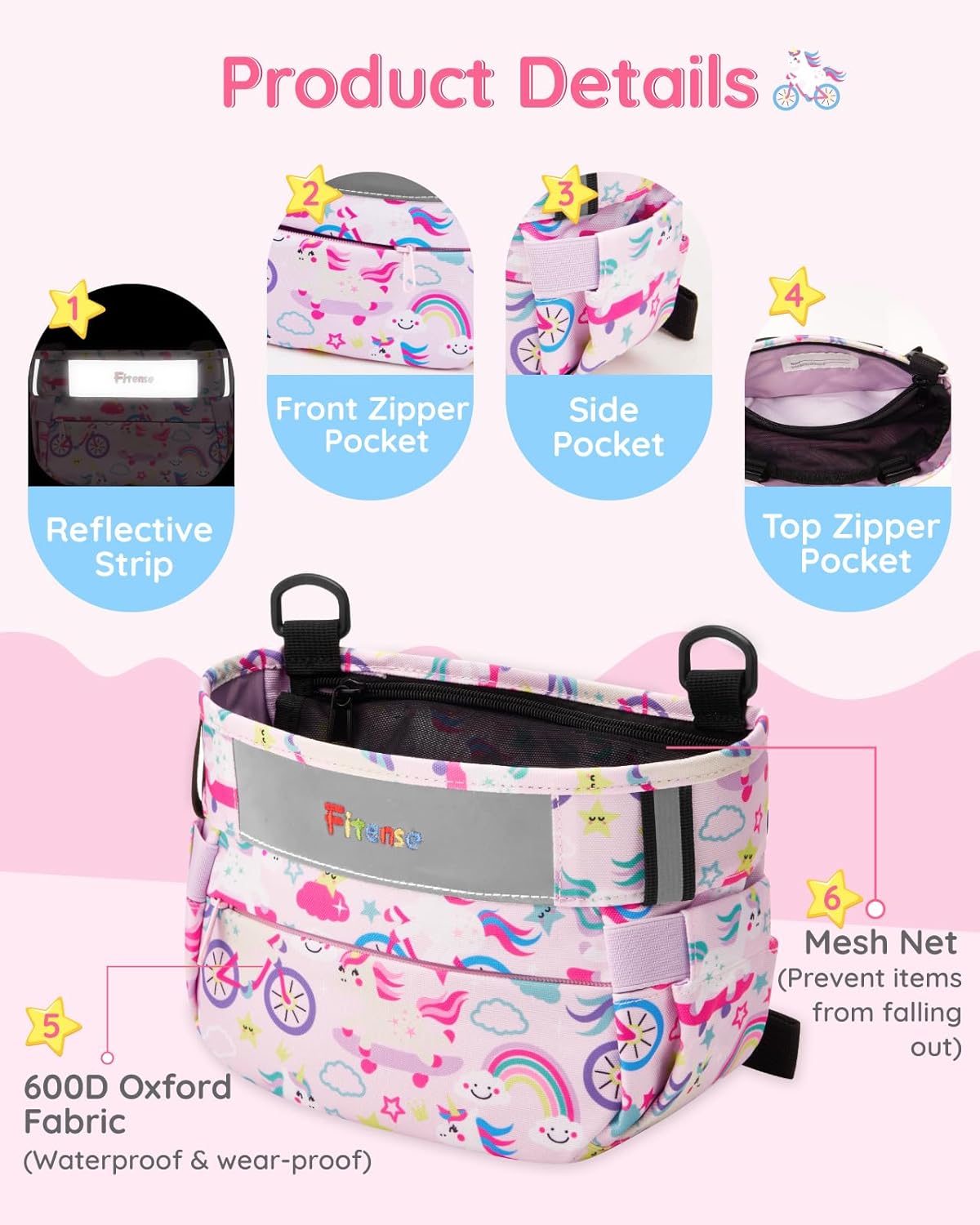 Fitense Kids Bike Basket, Bicycle Basket Front Handlebar, Waterproof Cute Fabric - Image 2