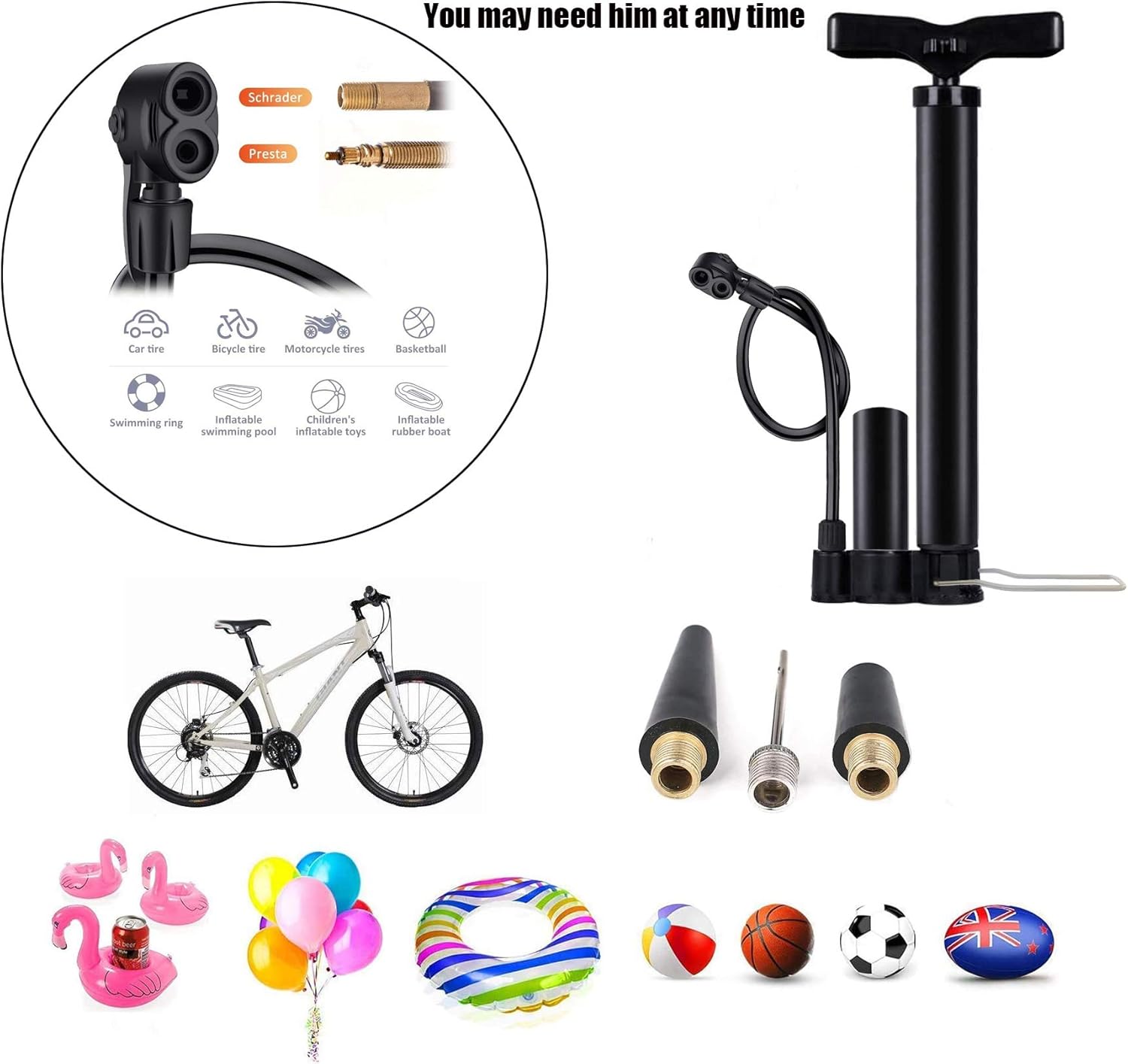 Bike Floor Pump, Bicycle Pump with Dual Presta & Schrader Valve Head - Image 6