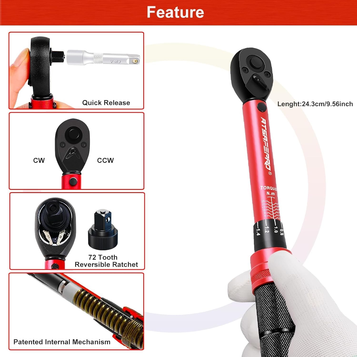 ATsafepro 1/4 Inch Drive Click Torque Wrench,3-25 Nm/26.6-221.3 in.lb Small Bike - Image 3