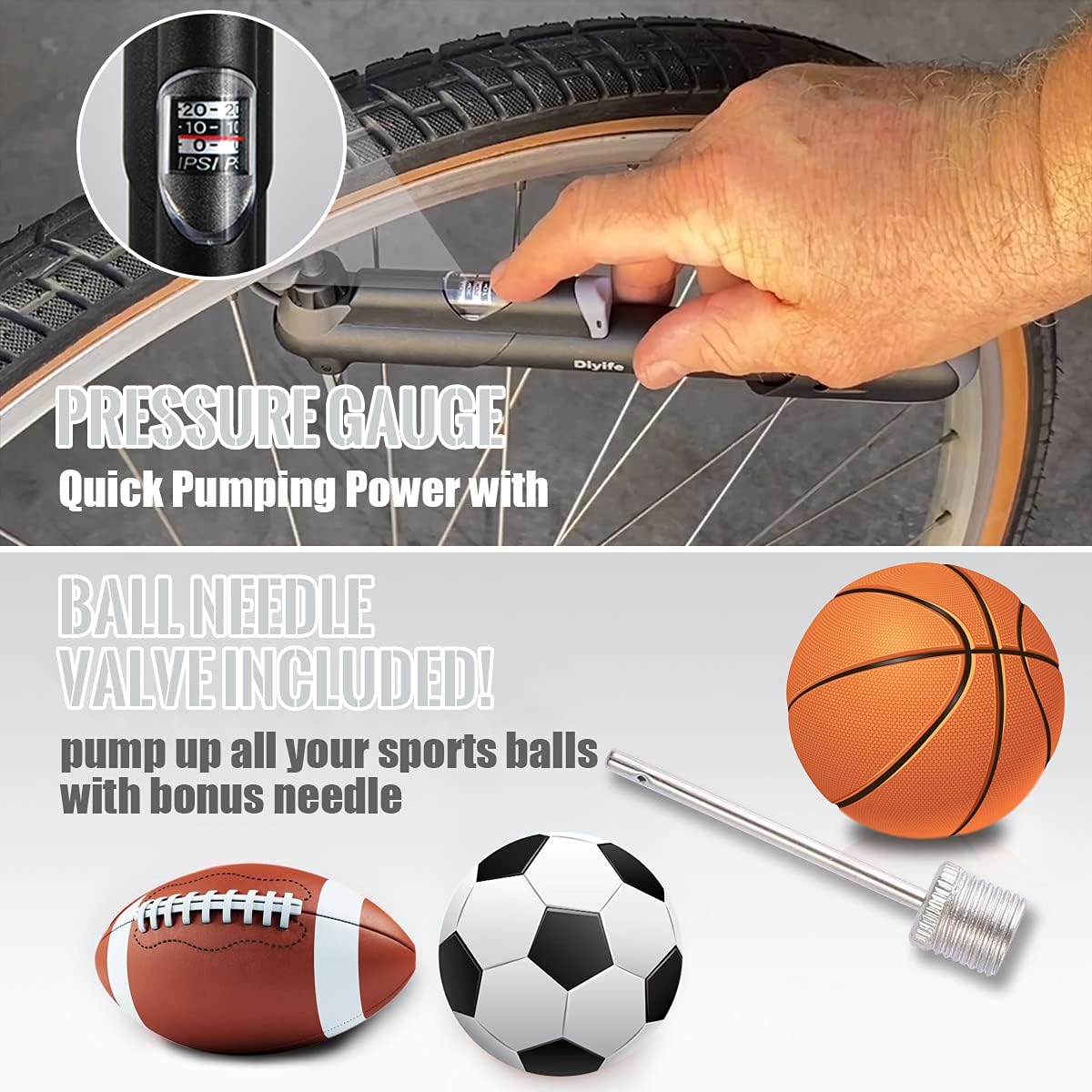 Bike Pump,Diyife Bicycle Pump with Gauge, Mini Bike Frame Pump, Portable Bike - Image 2