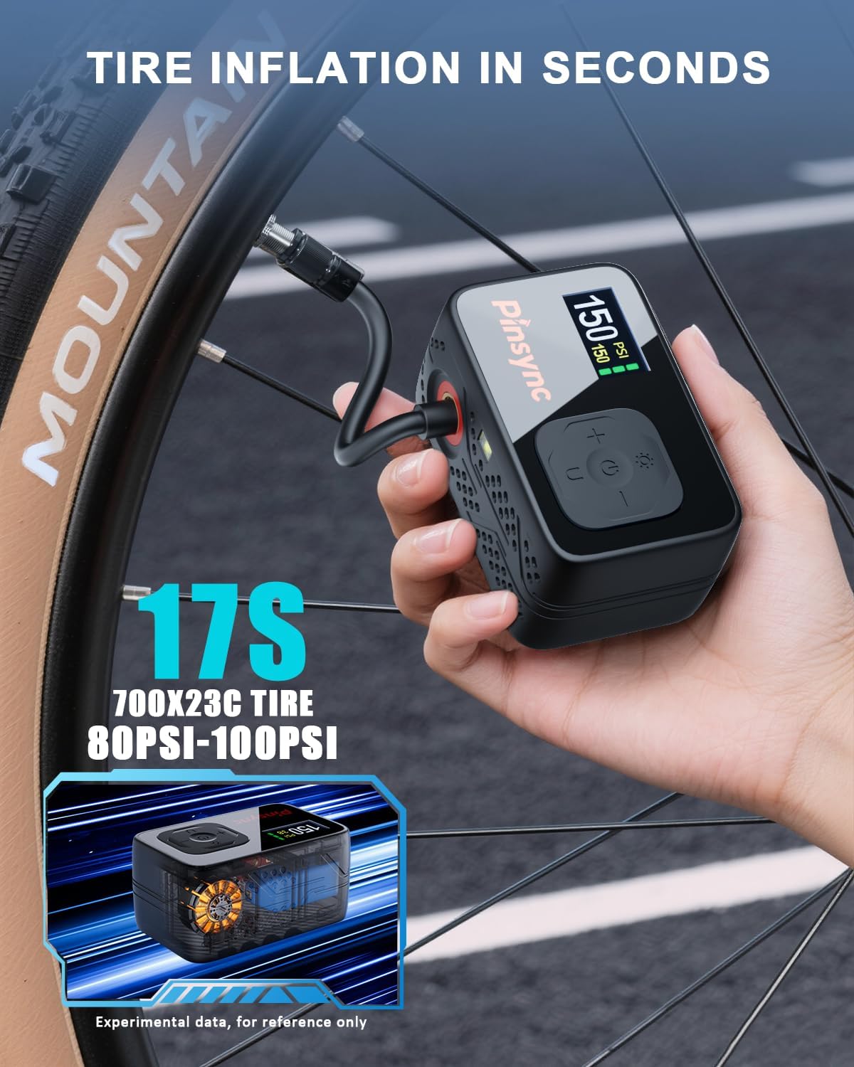 Mini Electric Bike Pump, 17S Fast Inflate 150PSI Portable Tire Pump - Image 3