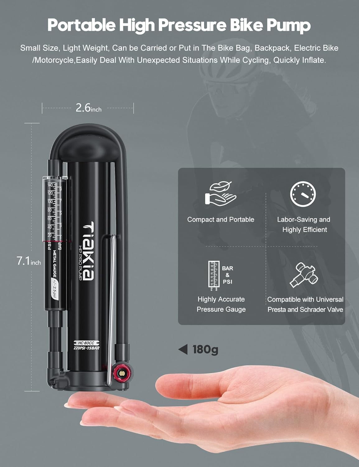 Tiakia Bike Floor Pump with Gauge High Pressure Portable Bike Pump High Volume - Image 2
