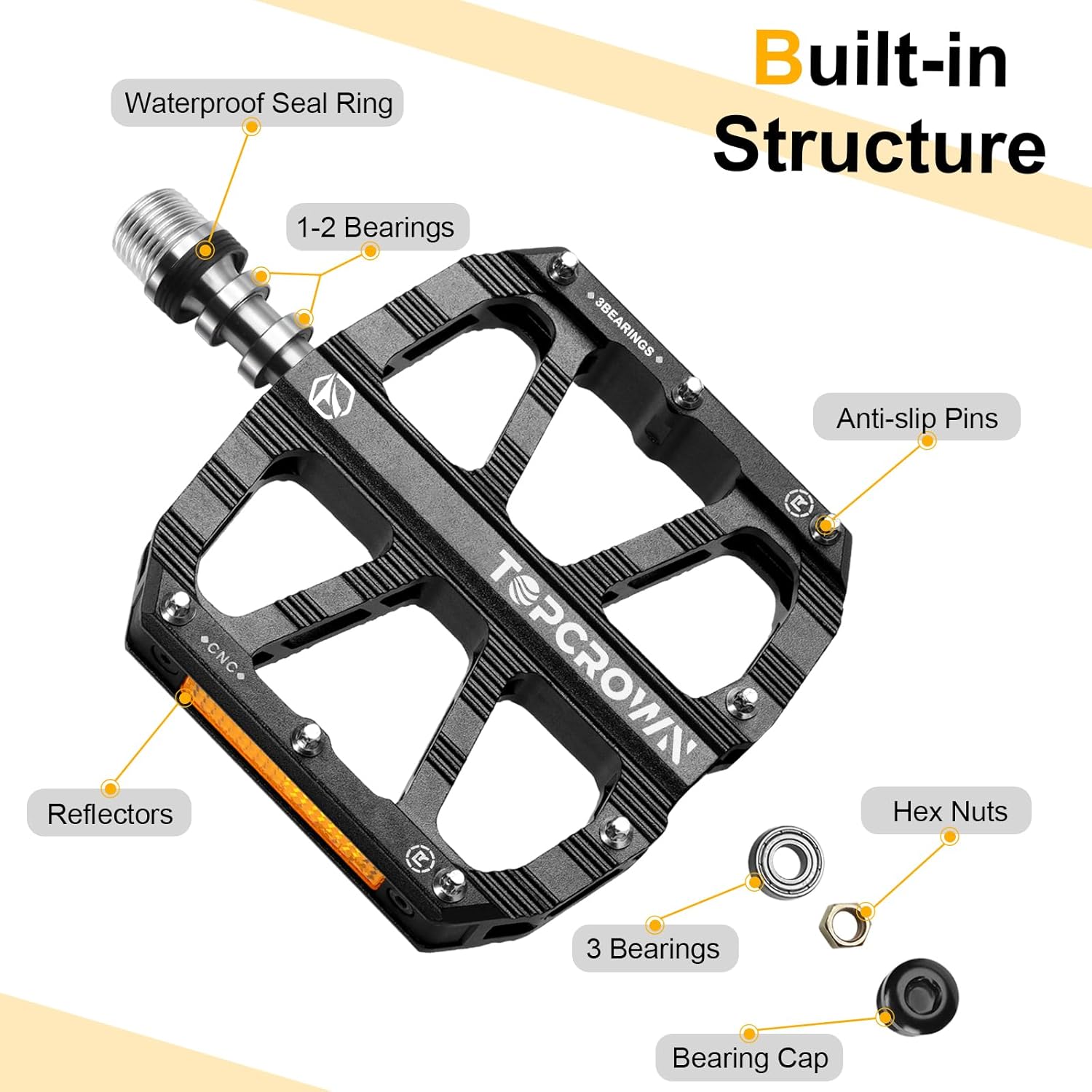 Topcrown Mountain Bike Pedals with Reflectors, Aluminum Metal Bicycle Flat - Image 2