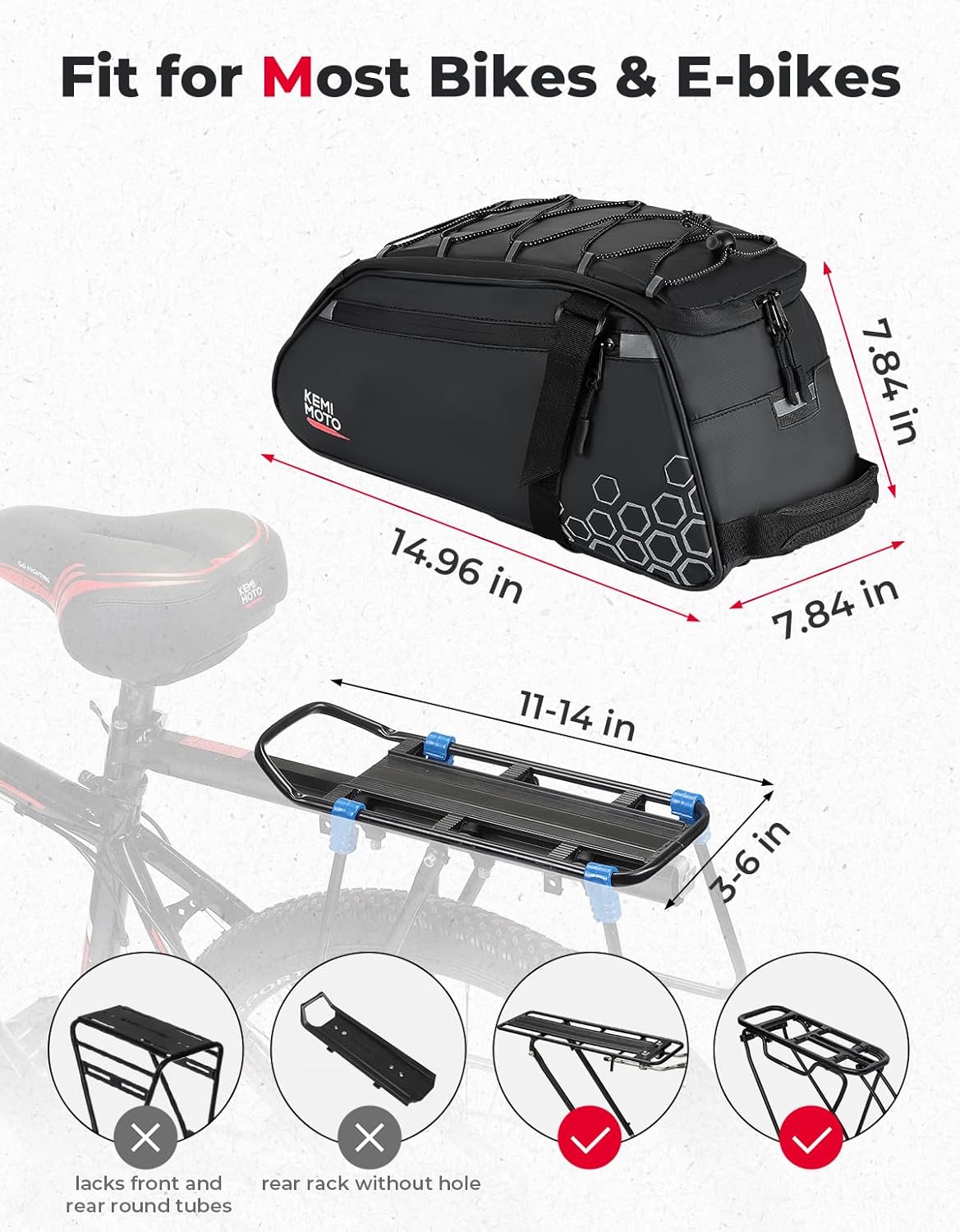 KEMIMOTO Rear Bike Rack Bag, 11L Water-resistant Trunk Bag 3-IN-1, Zippered - Image 4