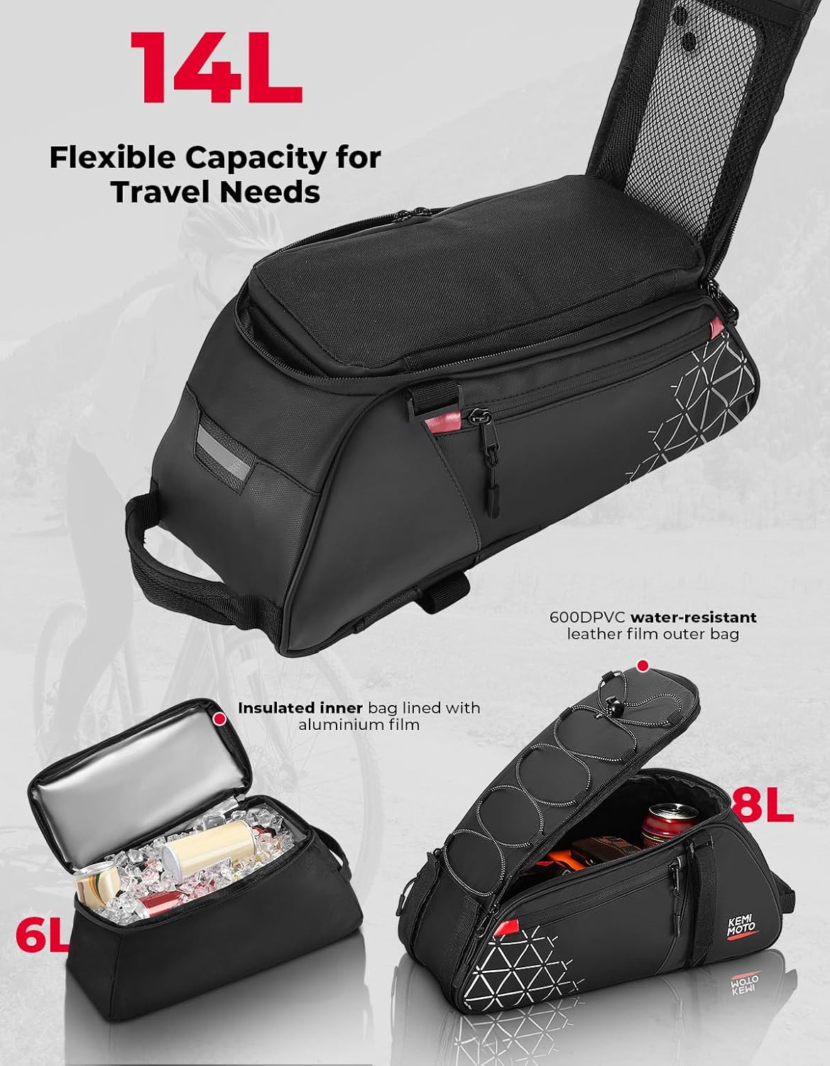 KEMIMOTO 8L Bike Bag with 6L Removable Cooler Bag, Bike Rear Rack Bag PVC Water - Image 5