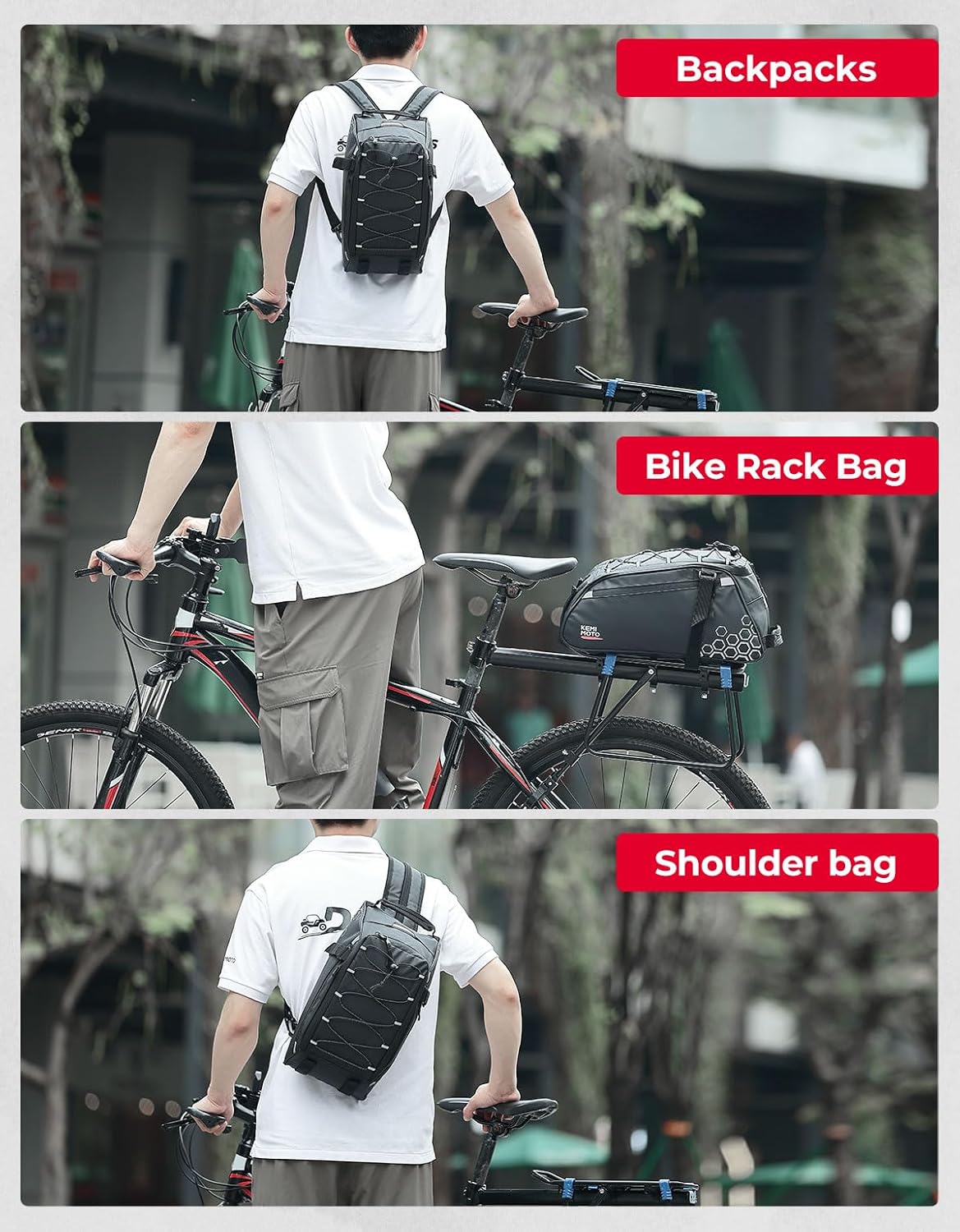 KEMIMOTO Rear Bike Rack Bag, 11L Water-resistant Trunk Bag 3-IN-1, Zippered - Image 3