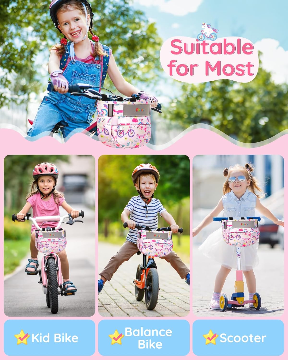 Fitense Kids Bike Basket, Bicycle Basket Front Handlebar, Waterproof Cute Fabric - Image 7