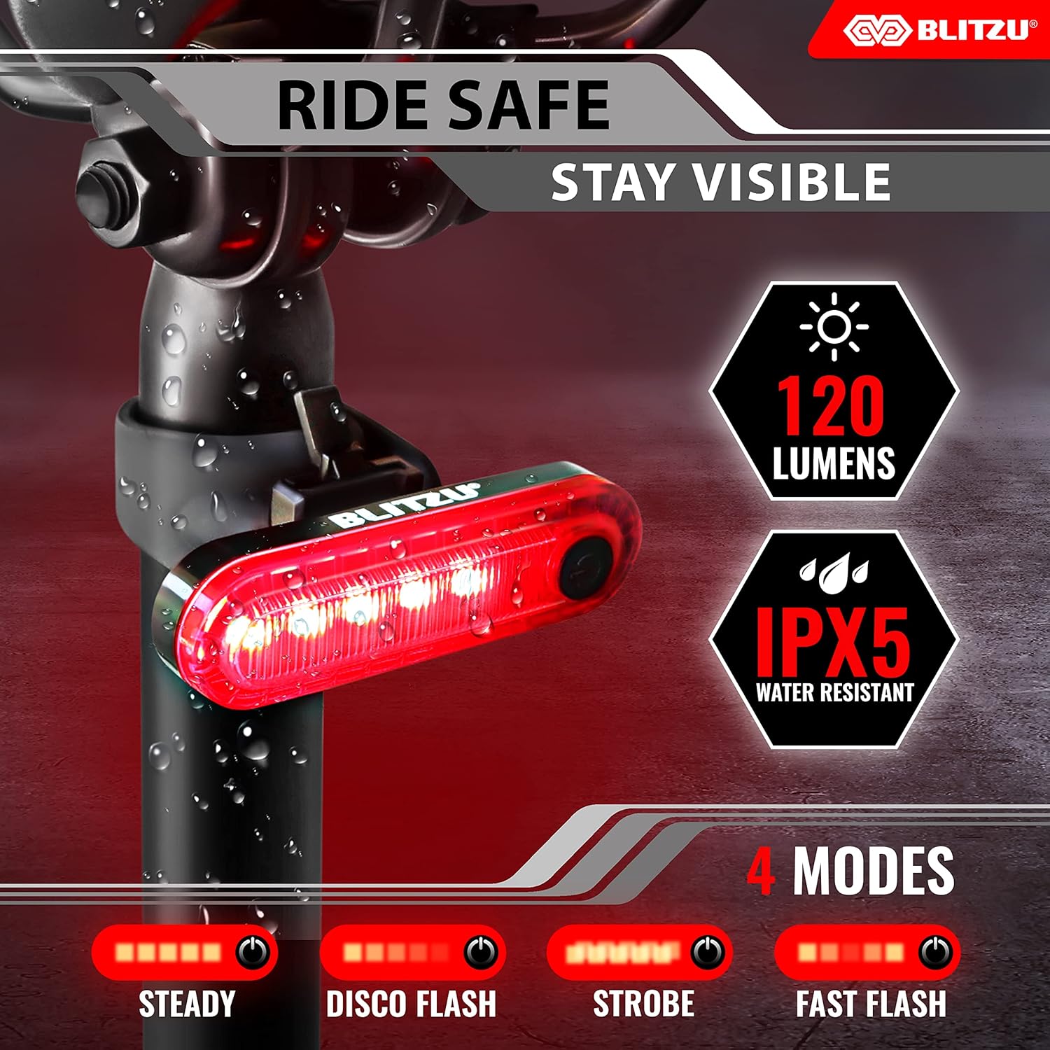 BLITZU USB-C Rechargeable Bike Tail Light 2 Pack, Bright Bicycle Rear Cycling - Image 8