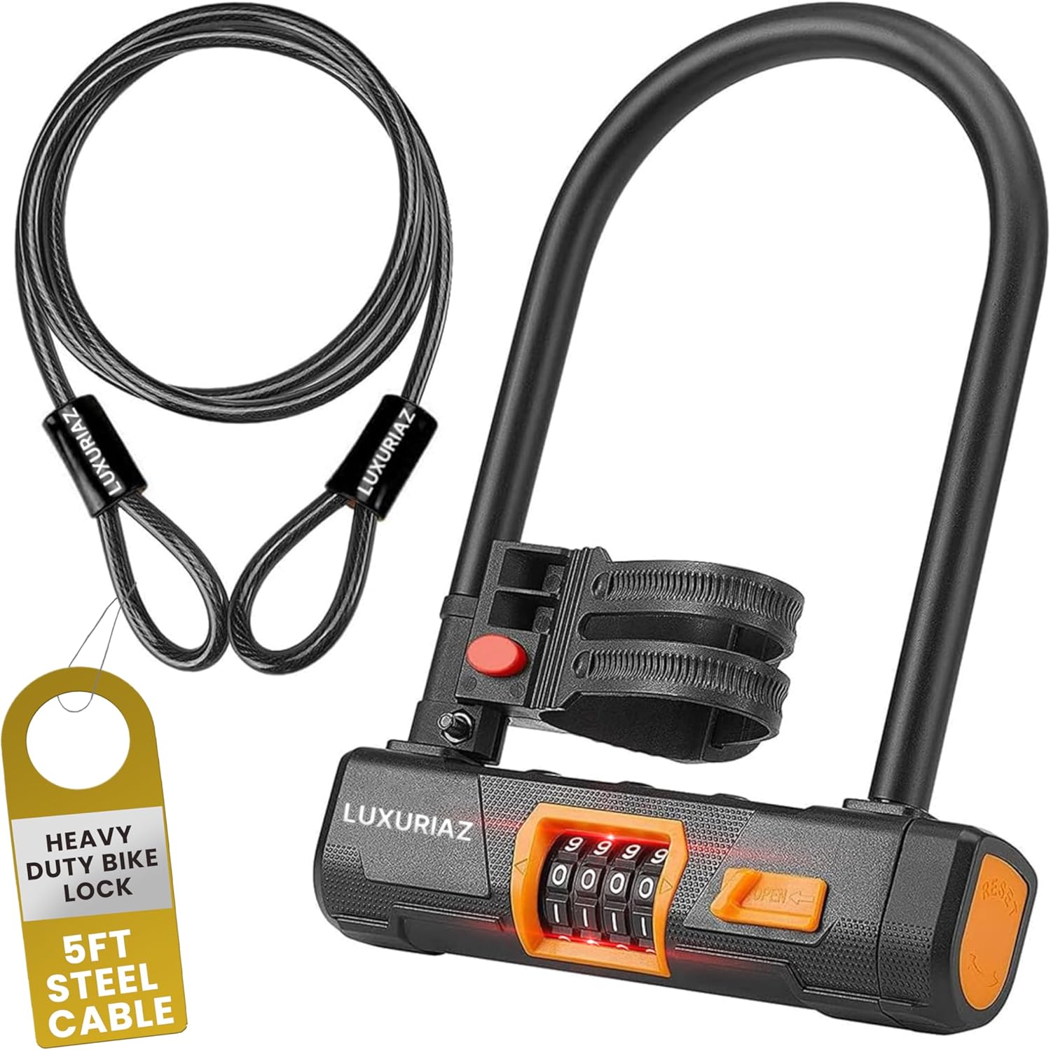 Heavy Duty Bike Lock with 5ft Steel Cable & Mounting Bracket - Keyless U-Lock