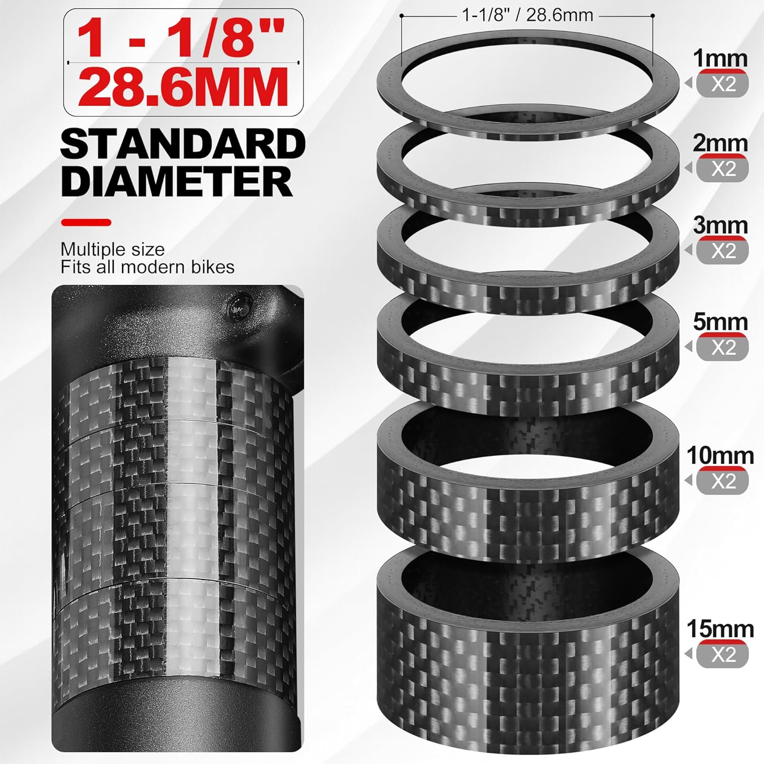 12 PCS Carbon Fiber Bike Headset Spacers, Bike Stem Spacers 1 1/8 Inch, 6 Sizes - Image 2