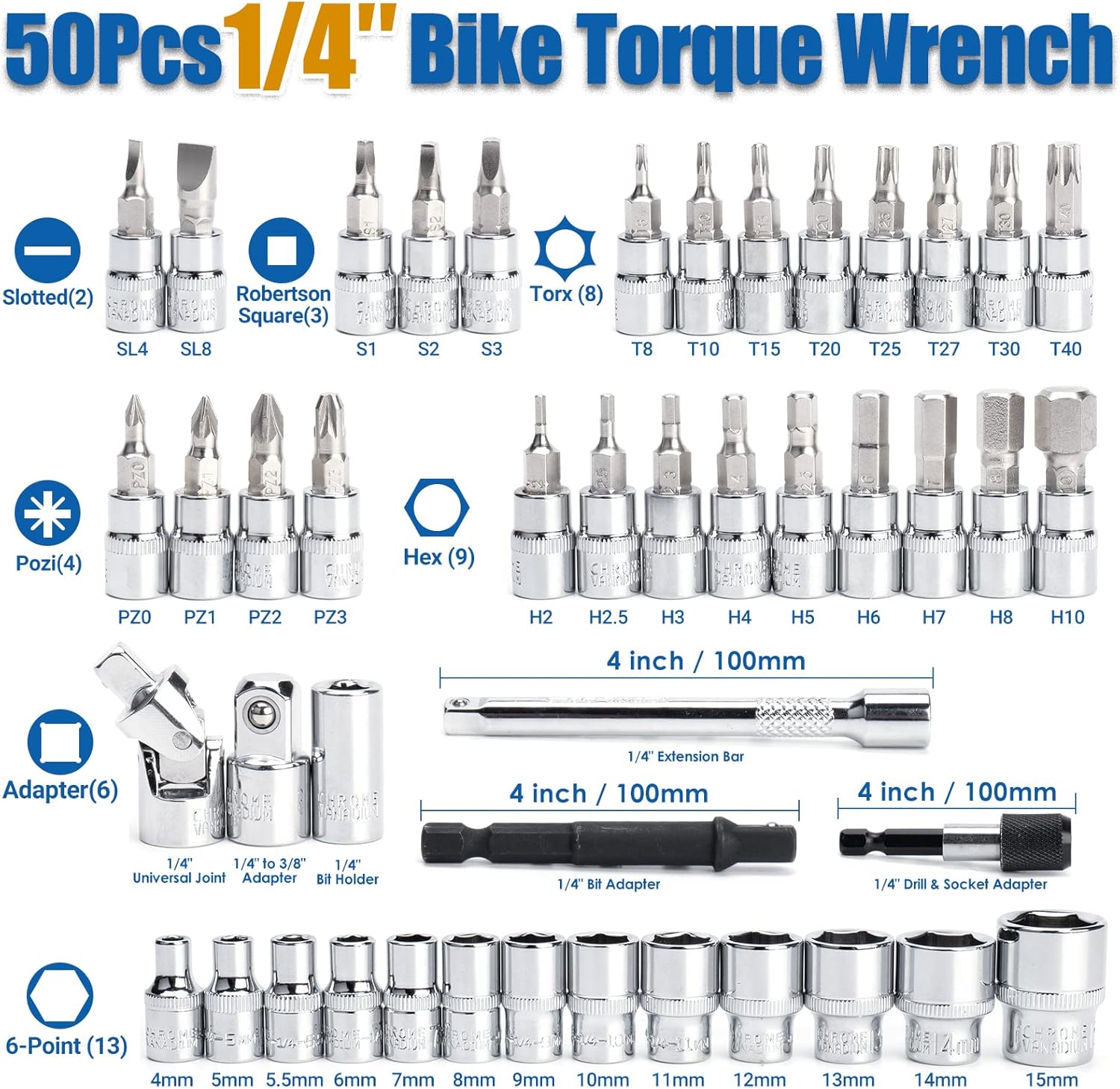 YIYEIE 50Pcs Master Bike Torque Wrench Set, 1/4 Inch Drive, 10-230 IN.LB - Image 2