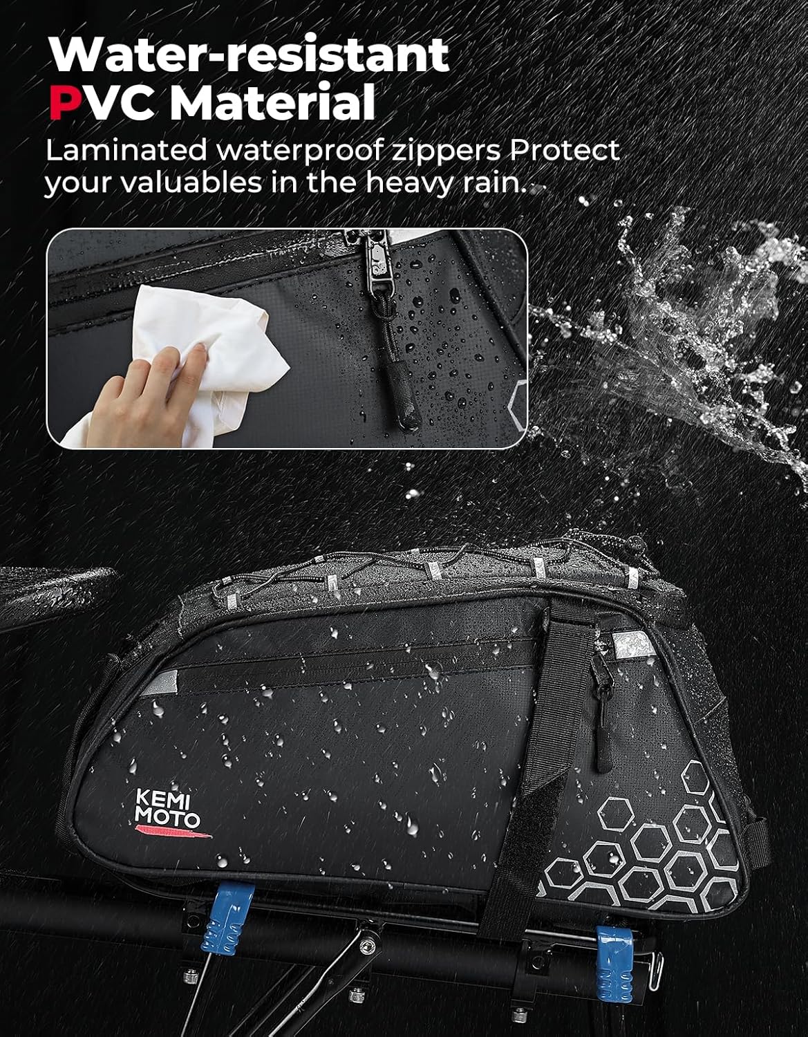 KEMIMOTO Rear Bike Rack Bag, 11L Water-resistant Trunk Bag 3-IN-1, Zippered - Image 5