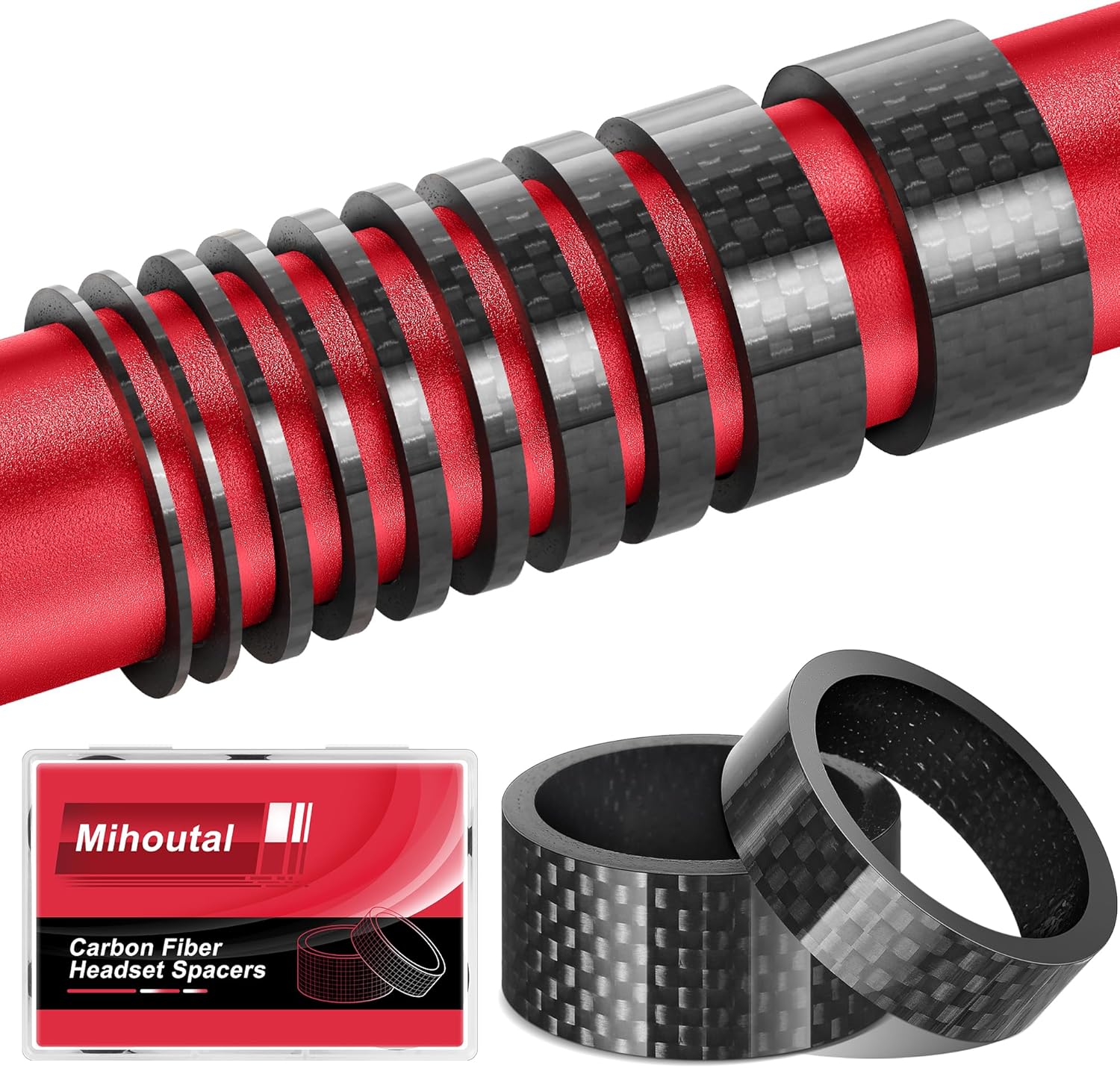 12 PCS Carbon Fiber Bike Headset Spacers, Bike Stem Spacers 1 1/8 Inch, 6 Sizes
