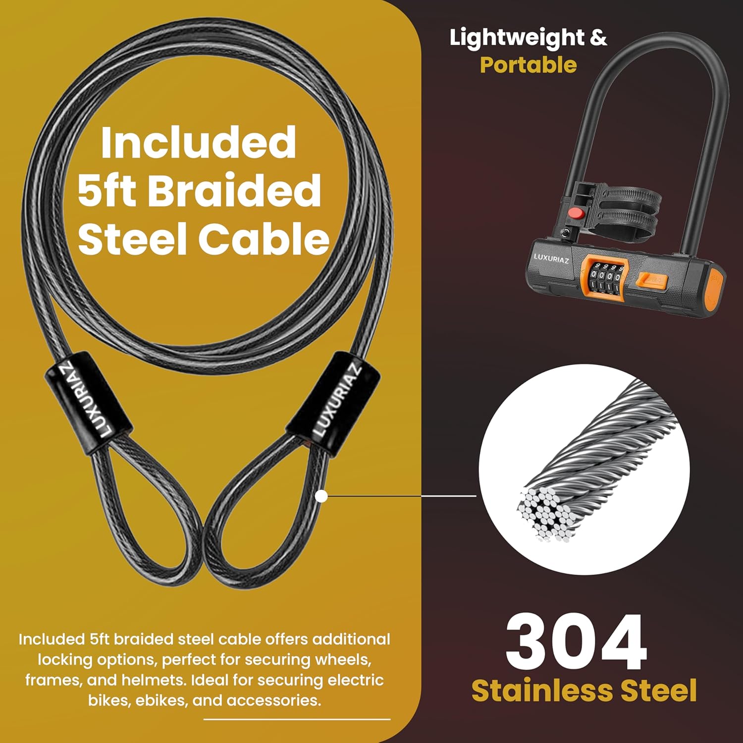 Heavy Duty Bike Lock with 5ft Steel Cable & Mounting Bracket - Keyless U-Lock - Image 3