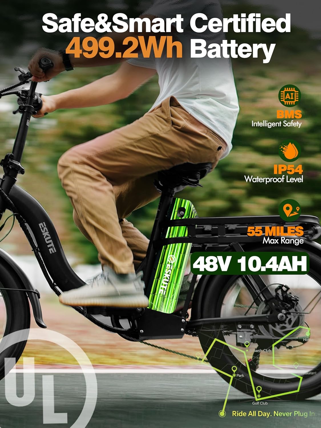 ESKUTE Electric Bike for Adults – 1200W Peak Motor, Folding 20x3 Fat Tire - Image 5