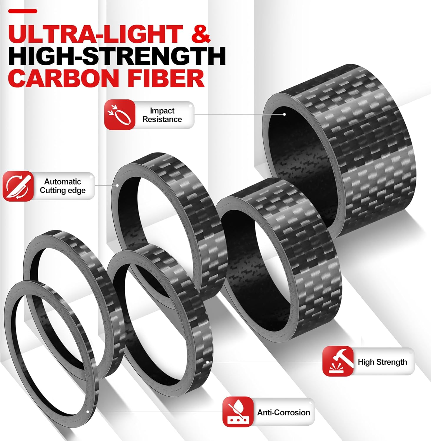 12 PCS Carbon Fiber Bike Headset Spacers, Bike Stem Spacers 1 1/8 Inch, 6 Sizes - Image 4
