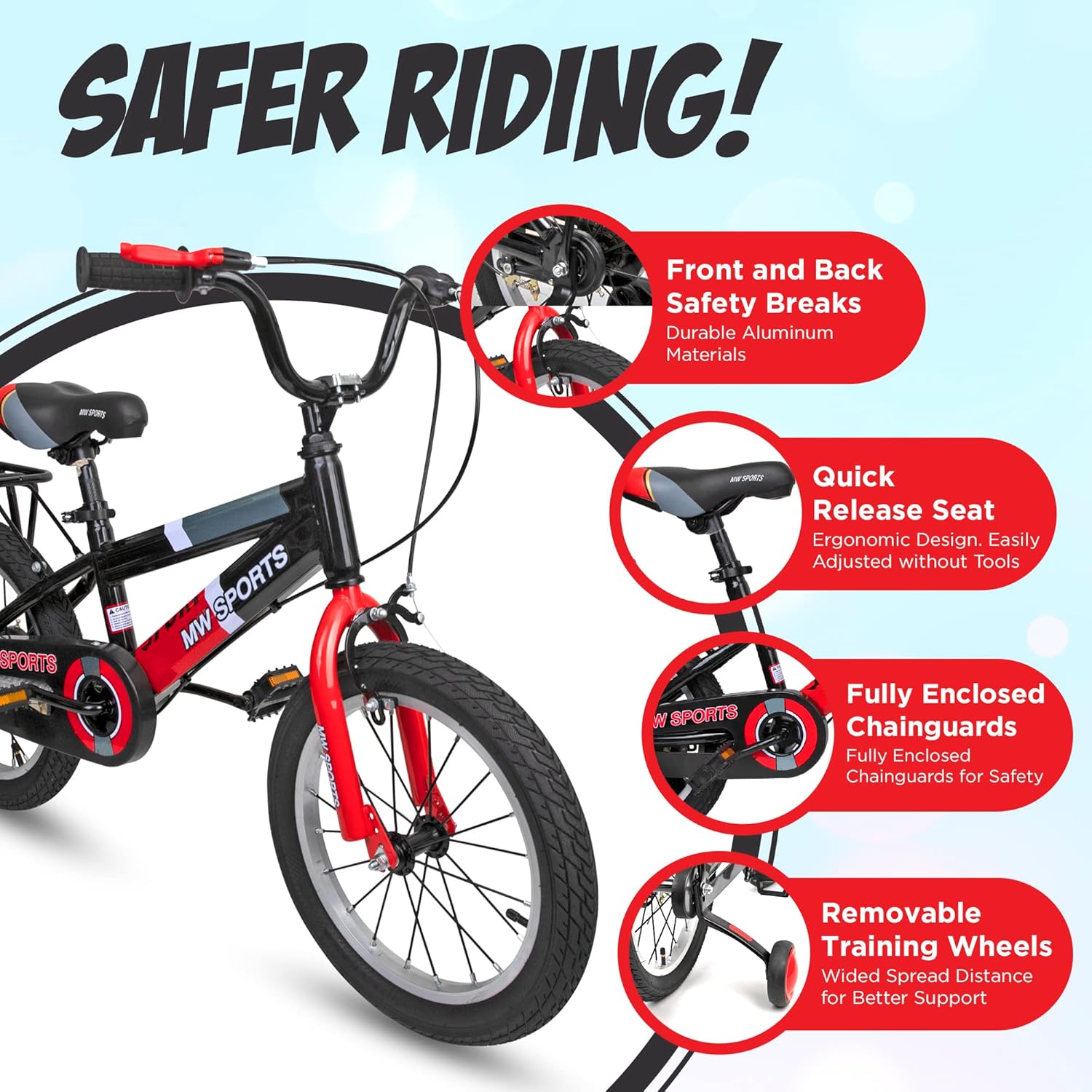 MW Sports 16 inch Kids Bike with Removable Training Wheels, Hand Brakes and Back - Image 3