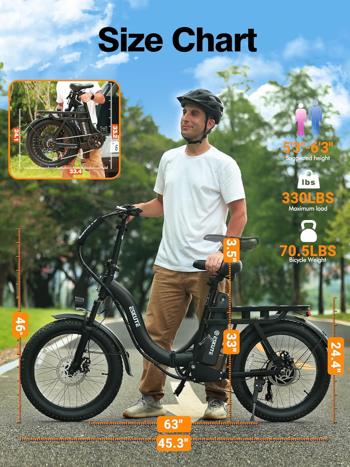 ESKUTE Electric Bike for Adults – 1200W Peak Motor, Folding 20x3 Fat Tire - Image 8